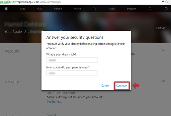 وارد کردن سوالات امنیتی اپل ایدی