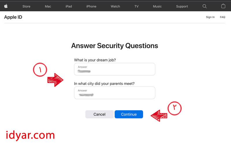 جواب سوال های امنیتی در تغییر رمز اپل آیدی